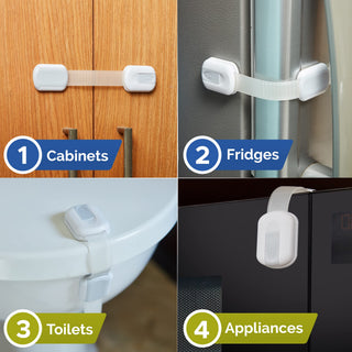 Wappa Child Safety Strap Locks (12 Pack) Baby Locks for Cabinets and Drawers, Toilet, Fridge & More. 3M Adhesive Pads. Easy Installation, No Drilling Required, White/Gray