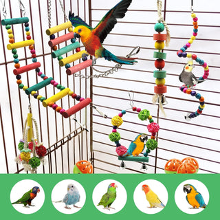 9 Pack Bird Swing Toys, Bird Chewing Hanging Toys,Swing Climbing Ladders,Wooden Perch Birds Cage Toys for Small Parrots, Parakeets, Cockatiel, Conures, Finches, Budgie, Macaws, Love Birds Natural Wood
