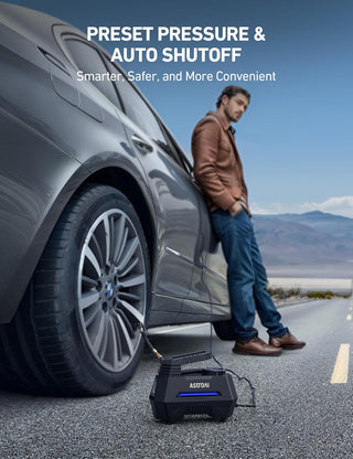 AstroAI Tyre Inflator Air Compressor 12V, Portable Electric Car Tyre Pump with Tyre Pressure Gauge, Auto-Stop Car Air Pump with Valve Adaptors and LED Light, Car Accessories, Yellow