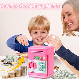 Refasy Piggy Bank for Girls 4-11 Years Old,Refasy Kids Safe Bank for Boys Christmas Birthday Gifts Toy for Kids Electronic ATM Money Bank for Adults Money Saving Box Safe Coin Bank Toy Kids Toys Pink