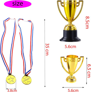 JIEJOYS 30 PCS Trophies And Medals Set,12Pcs Gold Plastic Trophy Cup And 18 PCS Winner Medals For Kids Sports Awards, Party Favors For Boys And Girls,Prizes, Events.