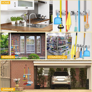 SKY-TOUCH Mop And Broom Holder, Wall Mounted Organizer Mop And Broom Saving Space Storage Rack For Kitchen Garden And Garage,Laundry Offices,5 Position With 6 Hooks