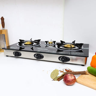Triple Gas Burner with Tempered Glass - Auto-Ignition, Thick Pan Support & Comfortable Knobs | Low Gas Consumption