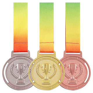 Gujiate Medals Metal Gold Silver Bronze Medals Winner Awards Olympic Style Medal with Rainbow Ribbon in Any Event, 2.55 inch, 3Pcs