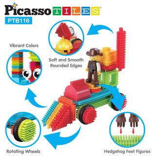 PicassoTiles 120pcs HedgehogTiles Building Block, Stacking Interlock Teeth Construction Sensory Gift STEM Toy for Kids Toddlers Age 3 + PTB120