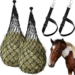 Kenning 4 Pcs Horse Hay Feeder and Bucket Strap, 2 x 2 Holes 40" Long Slow Feed Hay Net Adjustable Nylon Hanging Strap Hay Bags for Horses Feed, Trailer and Stall, Reduce Waste, Black