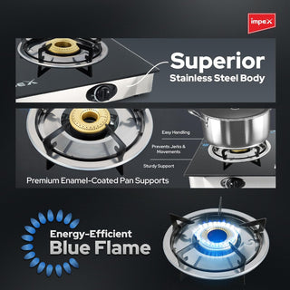 Impex - 2 Burner Automatic Ignition Gas Stove, Glass Top, FFD Safety - IGS 1212F | إمبكس - موقد غاز إشعال أوتوماتيكي 2 شعلة ، سطح زجاجي ، أمان FFD