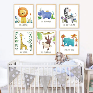 Pepper & Moose Baby Nursery Decor - Jungle Safari Animal Unframed Wall Art -Set of 6 Posters 8x10 - Lion, Giraffe, Elephant, Monkey, Zebra, Hippo with Inspirational Quotes for Boy Girl Kids