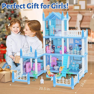 DIY 3D Dolls House for Girls 2 3 4 5 6 7 8 Year Old, Dream House for Girls Pretend Toys- 3 Story Castle Dolls House Playset, 3 balcony, Garden, Gift for 3-10 Year Old Girls (Blue Castle)