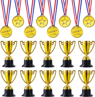 JIEJOYS 30 PCS Trophies And Medals Set,12Pcs Gold Plastic Trophy Cup And 18 PCS Winner Medals For Kids Sports Awards, Party Favors For Boys And Girls,Prizes, Events.