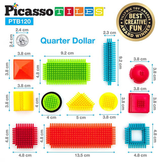 PicassoTiles 120pcs HedgehogTiles Building Block, Stacking Interlock Teeth Construction Sensory Gift STEM Toy for Kids Toddlers Age 3 + PTB120