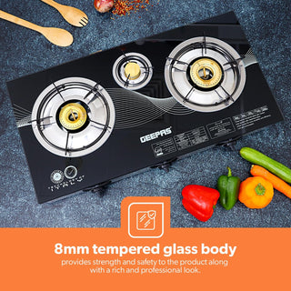 Triple Gas Burner with Tempered Glass - Auto-Ignition, Thick Pan Support & Comfortable Knobs | Low Gas Consumption
