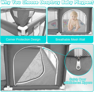 SKY-TOUCH Baby Playpen | Portable Playard for Babies | Sturdy Anti-Fall Baby Playpen Activity Center | Breathable Mesh | 4 Pull-Up Ring｜Install Accessories | 120 * 120cm,Gray,Indoor&Outdoor