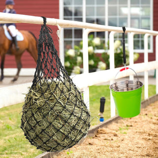 Kenning 4 Pcs Horse Hay Feeder and Bucket Strap, 2 x 2 Holes 40" Long Slow Feed Hay Net Adjustable Nylon Hanging Strap Hay Bags for Horses Feed, Trailer and Stall, Reduce Waste, Black