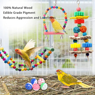 9 Pack Bird Swing Toys, Bird Chewing Hanging Toys,Swing Climbing Ladders,Wooden Perch Birds Cage Toys for Small Parrots, Parakeets, Cockatiel, Conures, Finches, Budgie, Macaws, Love Birds Natural Wood