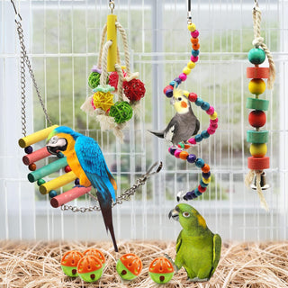 9 Pack Bird Swing Toys, Bird Chewing Hanging Toys,Swing Climbing Ladders,Wooden Perch Birds Cage Toys for Small Parrots, Parakeets, Cockatiel, Conures, Finches, Budgie, Macaws, Love Birds Natural Wood