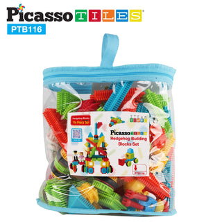 PicassoTiles 120pcs HedgehogTiles Building Block, Stacking Interlock Teeth Construction Sensory Gift STEM Toy for Kids Toddlers Age 3 + PTB120