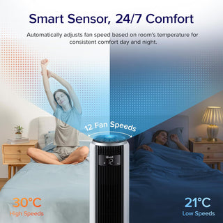 LEVOIT Tower Fan for Large Bedroom 42 Inch, 7.5m/s Powerful Electric Cooling Fan with Remote, 25 dB Quiet 90° Oscillating Bladeless Fan, 12 Speeds, 4 Modes, 12H Timer, Standing Fan for Home Office