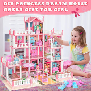 Doll House, Dream Dollhouse for Girls, Pretend-Play DIY Dollhouse Kit - 4-Story 11 Rooms Playhouse with 4 Dolls Toy Figures, Furniture and Accessories Set (Big Pink Dollhouse)
