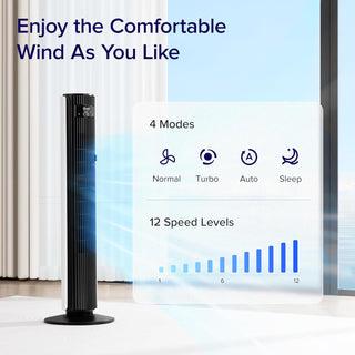LEVOIT Tower Fan for Large Bedroom 42 Inch, 7.5m/s Powerful Electric Cooling Fan with Remote, 25 dB Quiet 90° Oscillating Bladeless Fan, 12 Speeds, 4 Modes, 12H Timer, Standing Fan for Home Office