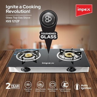 Impex - 2 Burner Automatic Ignition Gas Stove, Glass Top, FFD Safety - IGS 1212F | إمبكس - موقد غاز إشعال أوتوماتيكي 2 شعلة ، سطح زجاجي ، أمان FFD
