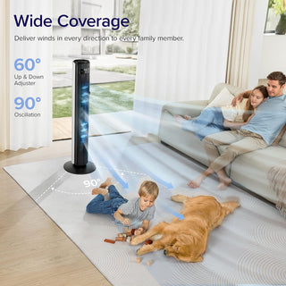 LEVOIT Tower Fan for Large Bedroom 42 Inch, 7.5m/s Powerful Electric Cooling Fan with Remote, 25 dB Quiet 90° Oscillating Bladeless Fan, 12 Speeds, 4 Modes, 12H Timer, Standing Fan for Home Office