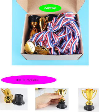 JIEJOYS 30 PCS Trophies And Medals Set,12Pcs Gold Plastic Trophy Cup And 18 PCS Winner Medals For Kids Sports Awards, Party Favors For Boys And Girls,Prizes, Events.