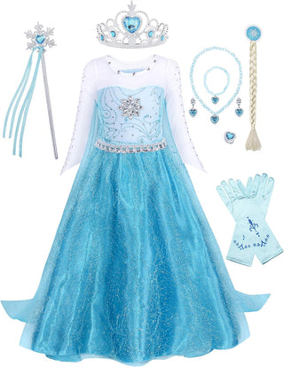 WonderBabe Girls Snow Queen Costume Kids Princess Coronation Dress Up Halloween Birthday Party Cosplay Outfit with Accessory Set 1-12 Years