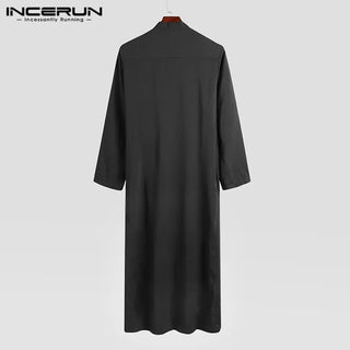 INCERUN Men Muslim Clothes Solid Color Jubba Thobe Long Sleeve Stand Collar Robes Dubai Middle East Men Islamic Arabic Kaftan