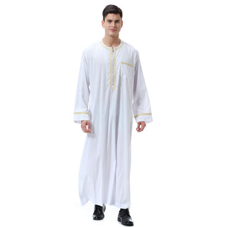 Muslim Men Long Sleeves Round Collar Embroidery Zipper Robe Arab Male Adult Ankle Length Thobe Ramadan Eid Clothes