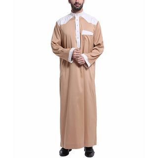 Ramadan Middle East Mens Robe Solid Patchwork Button Traditional Prayer Clothes Jubba Thobe Eid Islamic Arab Loose Robe