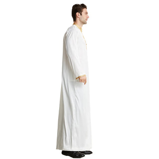 Muslim Men Long Sleeves Stand Collar Pure Color Embroidery Robe Arab Male Adult Ankle Length Thobe Ramadan Eid Clothes