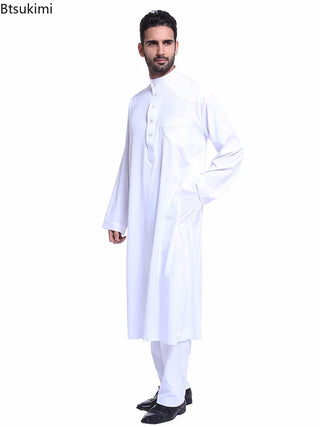 Muslim Arabic Men Jubba Thobe Button Robe+pants2pcs Clothes Suit Abaya Saudi Arabia Eid Turkey Kurtas Islamic Muslim Daily Dress