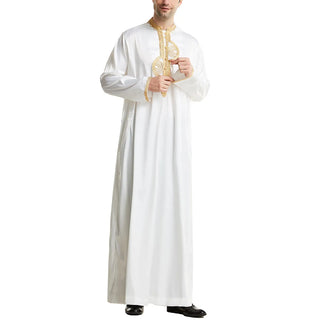 Muslim Men Long Sleeves Robe Stand Collar Pure Color Embroidery Robe Arab Male Adult Ankle Length Thobe Ramadan Eid Clothes