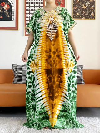 2024 New African Women Dashiki 100% Cotton Floral Dress Printed Tie-dry Short Sleeve Maxi Loose African Elegant Dresses