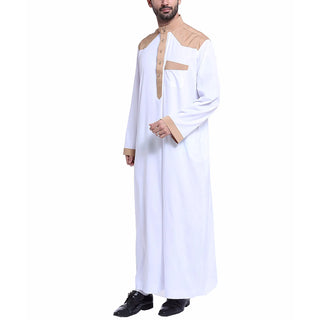 Ramadan Middle East Mens Robe Solid Patchwork Button Traditional Prayer Clothes Jubba Thobe Eid Islamic Arab Loose Robe