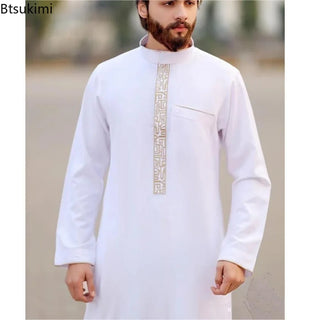 New 2023 Arab Men's Robe Abaya White Muslim Printed Clothing Men's Robe Long Dress Abaya Muslim Clothes for Men Gift Kaftan Men