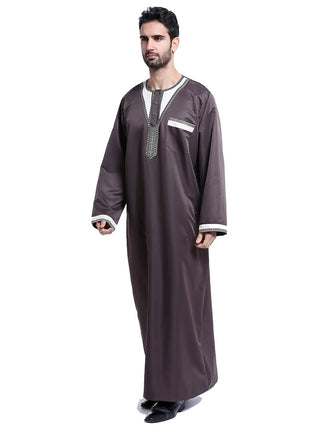 Muslim Men Long Sleeves Round Collar Patchwork Embroidery Button Robe Arab Male Adult Ankle Length Thobe Ramadan Eid Clothes