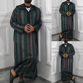 Clothes Men Robe Dishdash Dubai Hooded Jubba Kaftan Long Sleeve Men Kaftan Muslim Patchwork Saudi Arab Striped