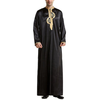 Muslim Men Long Sleeves Robe Stand Collar Pure Color Embroidery Robe Arab Male Adult Ankle Length Thobe Ramadan Eid Clothes
