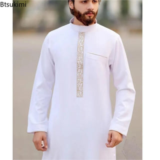 New 2023 Arab Men's Robe Abaya White Muslim Printed Clothing Men's Robe Long Dress Abaya Muslim Clothes for Men Gift Kaftan Men