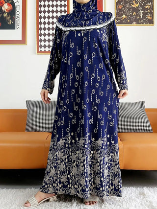 2023 Muslim Solid Cotton Abaya For Women Ramadan Prayer Garment Joint Hat Dubai Turkey Middle East Femme Robe Floral Loose Dress