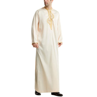 Muslim Men Long Sleeves Robe Stand Collar Pure Color Embroidery Robe Arab Male Adult Ankle Length Thobe Ramadan Eid Clothes