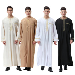 Muslim Men Long Sleeves Round Collar Embroidery Zipper Robe Arab Male Adult Ankle Length Thobe Ramadan Eid Clothes