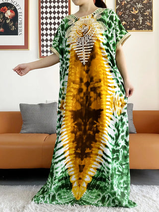 2024 New African Women Dashiki 100% Cotton Floral Dress Printed Tie-dry Short Sleeve Maxi Loose African Elegant Dresses