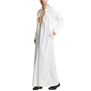 Muslim Men Long Sleeves Robe Stand Collar Pure Color Embroidery Robe Arab Male Adult Ankle Length Thobe Ramadan Eid Clothes