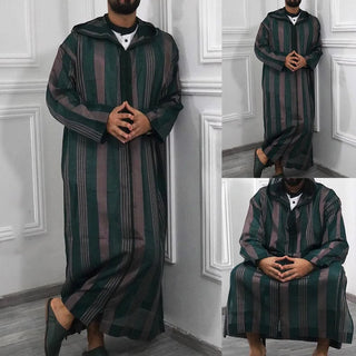 Clothes Men Robe Dishdash Dubai Hooded Jubba Kaftan Long Sleeve Men Kaftan Muslim Patchwork Saudi Arab Striped