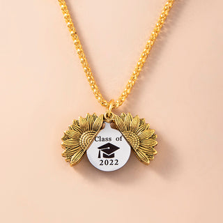 Vintage Gold Sunflower Locket Necklace Stainless Steel Class Of 2022 Graduate Cap Necklaces For Men Women Graduation Jewelry