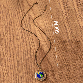Vintage Bronze Photo Frame Locket Pendant Necklace Earth Panet Globe Glass Necklaces For Women Men