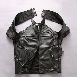 Men's Genuine Leather Stand Collar Slim Motorcycle Suit